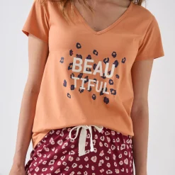 Pyjama<Blancheporte T-shirt met korte mouwen in effen katoen geplaatste "Beautiful" print koper