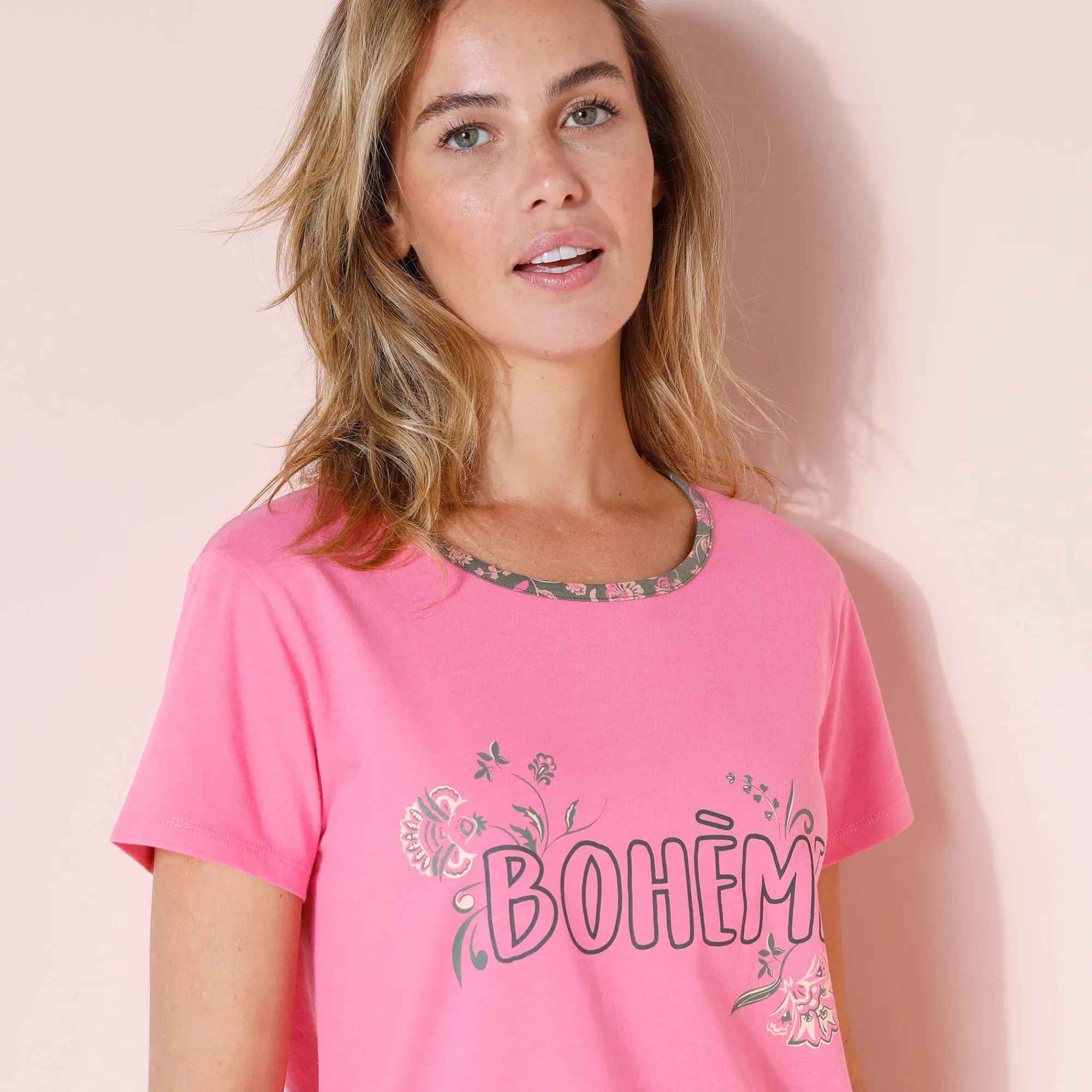Pyjama<Blancheporte T-shirt met korte mouwen in effen katoen met geplaatste "Bohème" print Indisch roze
