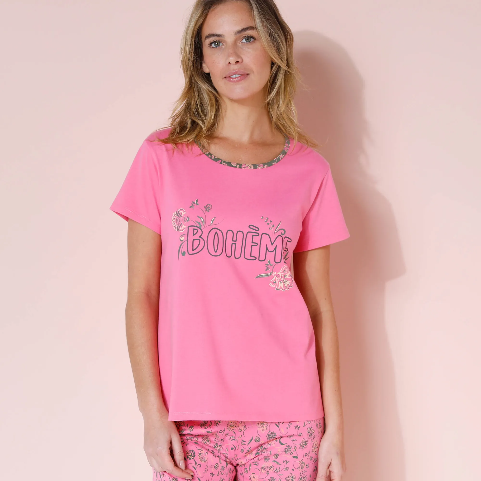 Pyjama<Blancheporte T-shirt met korte mouwen in effen katoen met geplaatste "Bohème" print Indisch roze