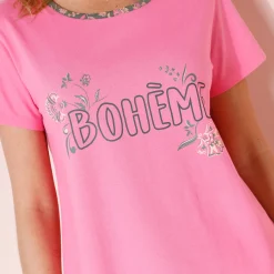 Pyjama<Blancheporte T-shirt met korte mouwen in effen katoen met geplaatste "Bohème" print Indisch roze