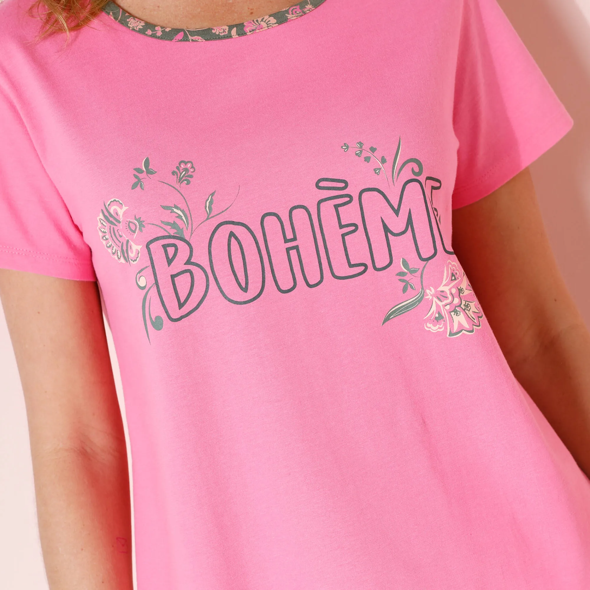 Pyjama<Blancheporte T-shirt met korte mouwen in effen katoen met geplaatste "Bohème" print Indisch roze