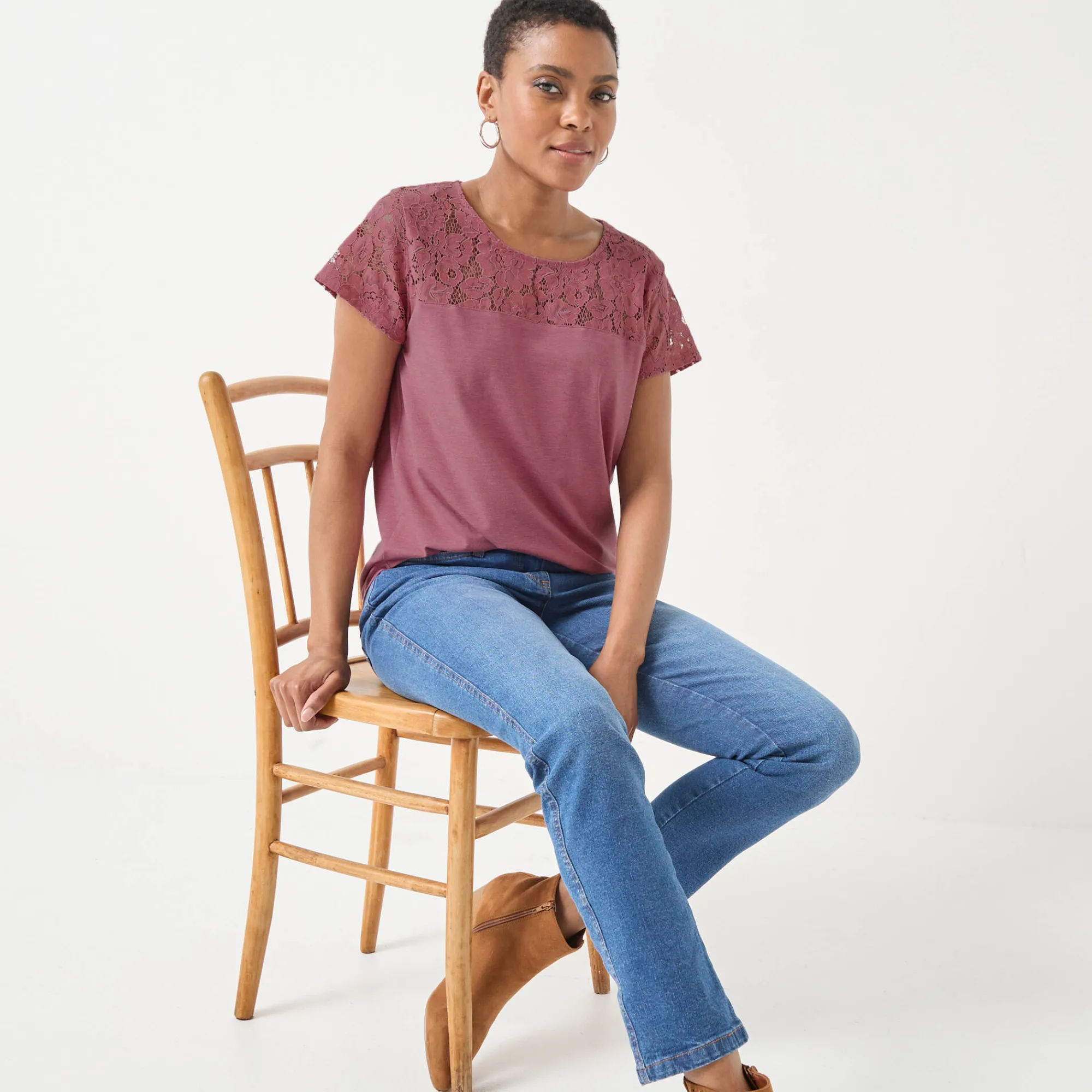 T-Shirt En Topje<Blancheporte T-shirt met korte mouwen in kant chiné rozenhout