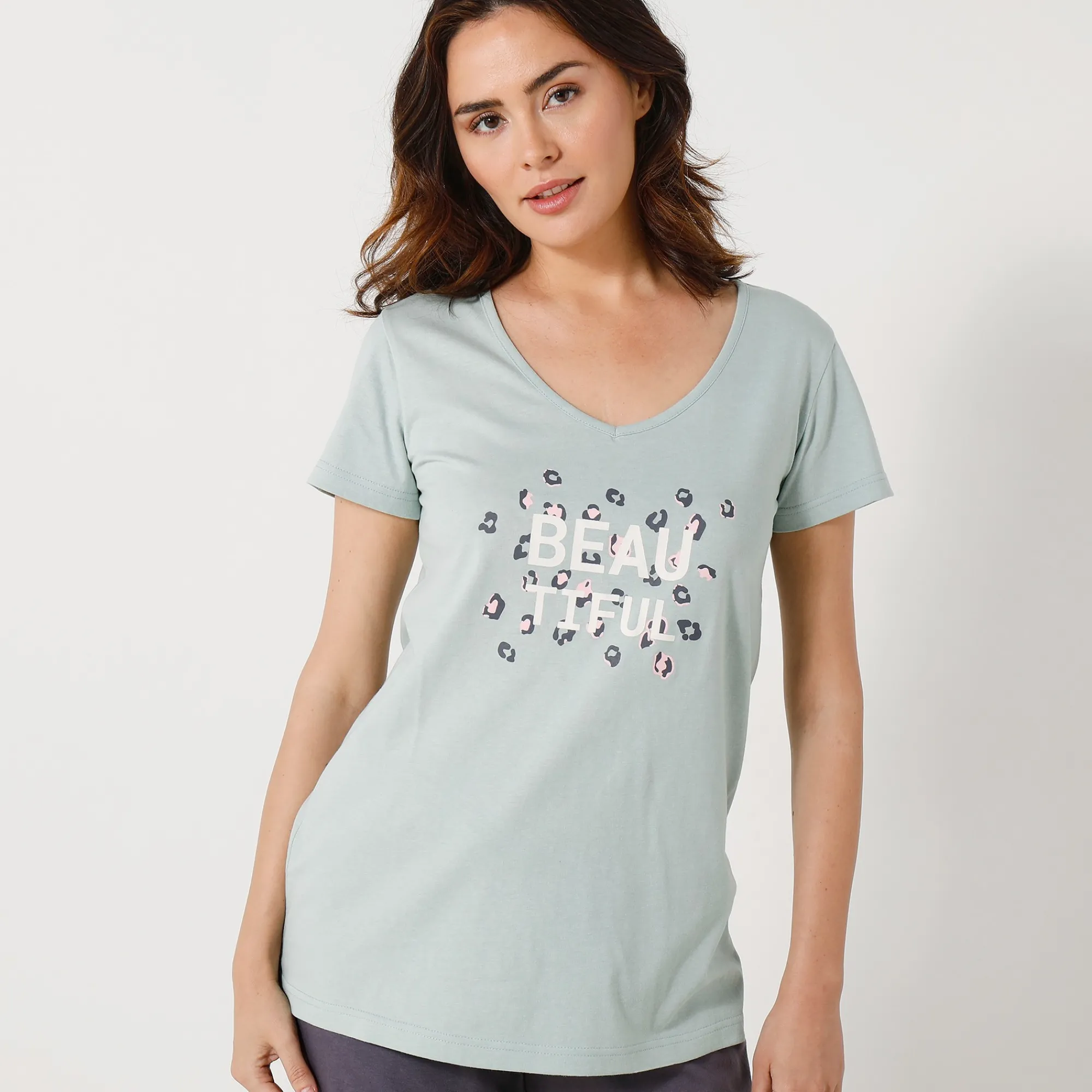 Pyjama<Blancheporte T-shirt met korte mouwen in effen katoen geplaatste "Beautiful" print celadon