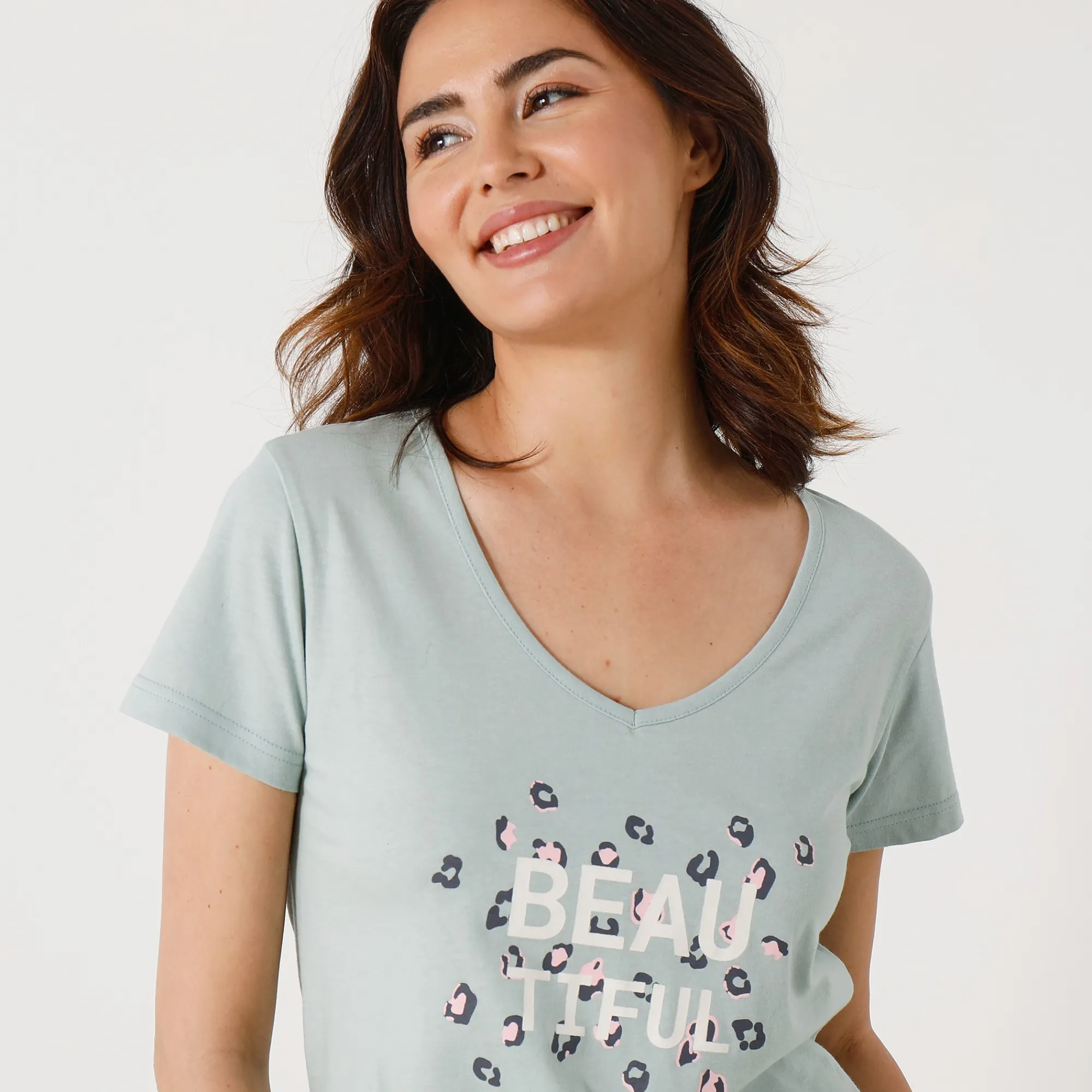 Pyjama<Blancheporte T-shirt met korte mouwen in effen katoen geplaatste "Beautiful" print celadon