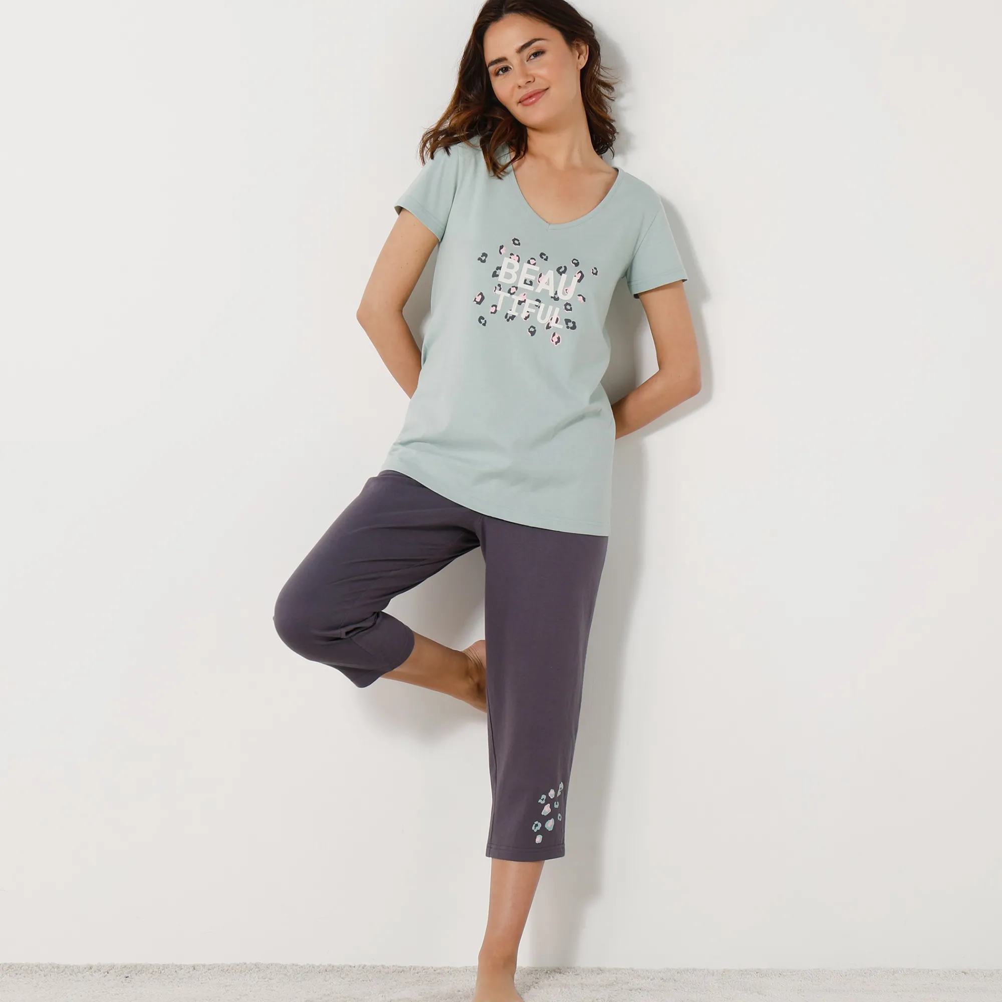 Pyjama<Blancheporte T-shirt met korte mouwen in effen katoen geplaatste "Beautiful" print celadon