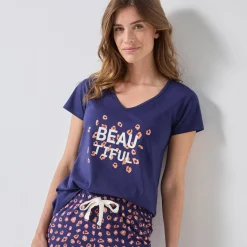 Pyjama<Blancheporte T-shirt met korte mouwen in effen katoen geplaatste "Beautiful" print marineblauw