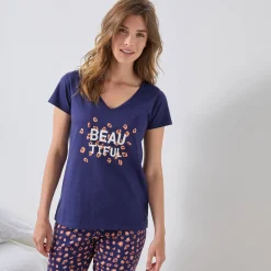 Pyjama<Blancheporte T-shirt met korte mouwen in effen katoen geplaatste "Beautiful" print marineblauw