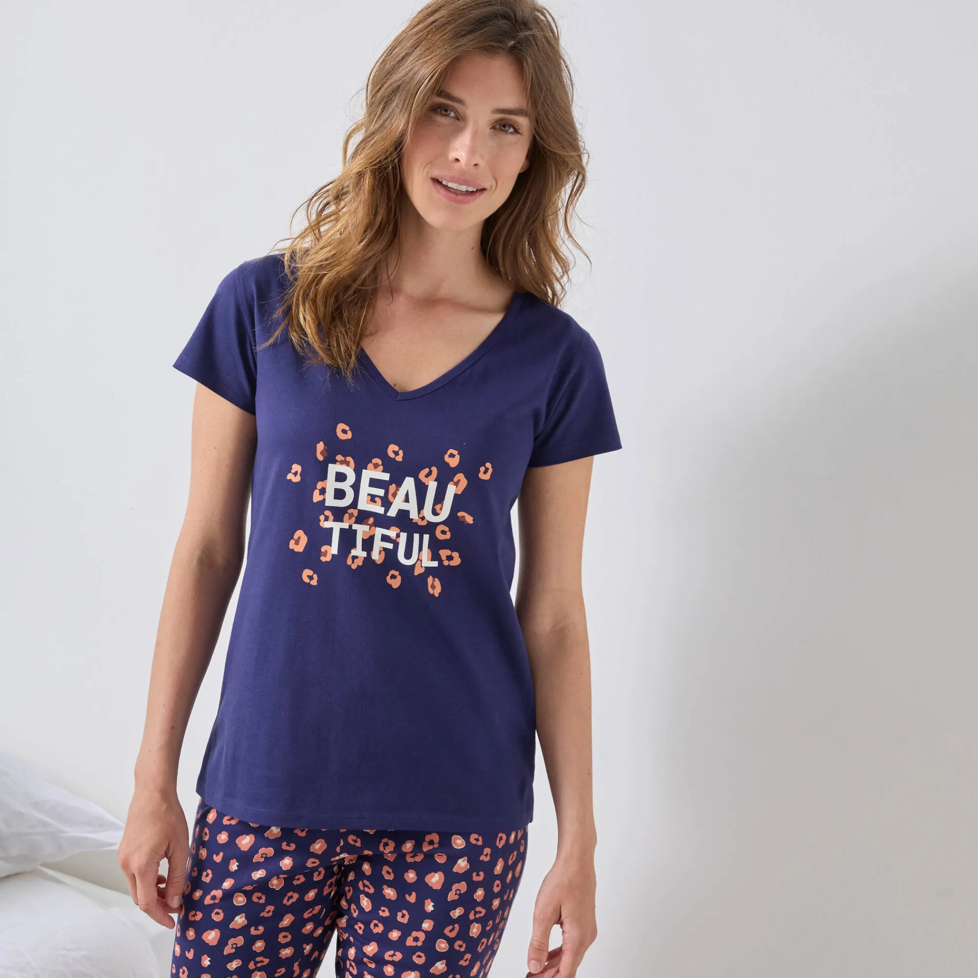 Pyjama<Blancheporte T-shirt met korte mouwen in effen katoen geplaatste "Beautiful" print marineblauw