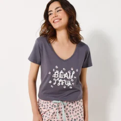 Pyjama<Blancheporte T-shirt met korte mouwen in effen katoen geplaatste "Beautiful" print antracietgrijs