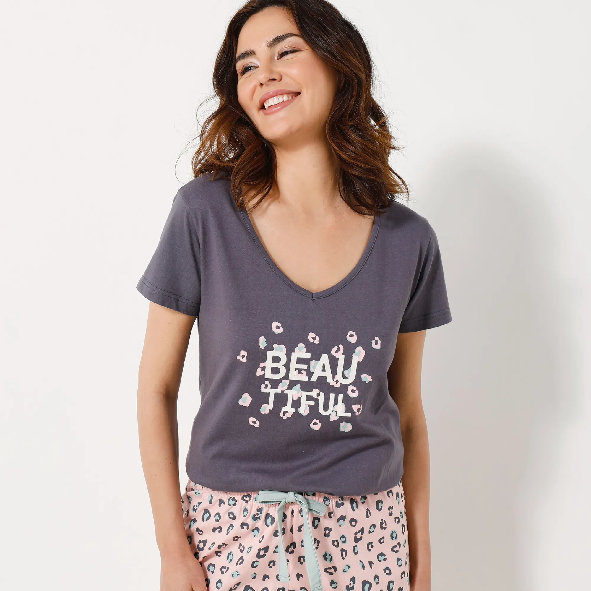 Pyjama<Blancheporte T-shirt met korte mouwen in effen katoen geplaatste "Beautiful" print antracietgrijs