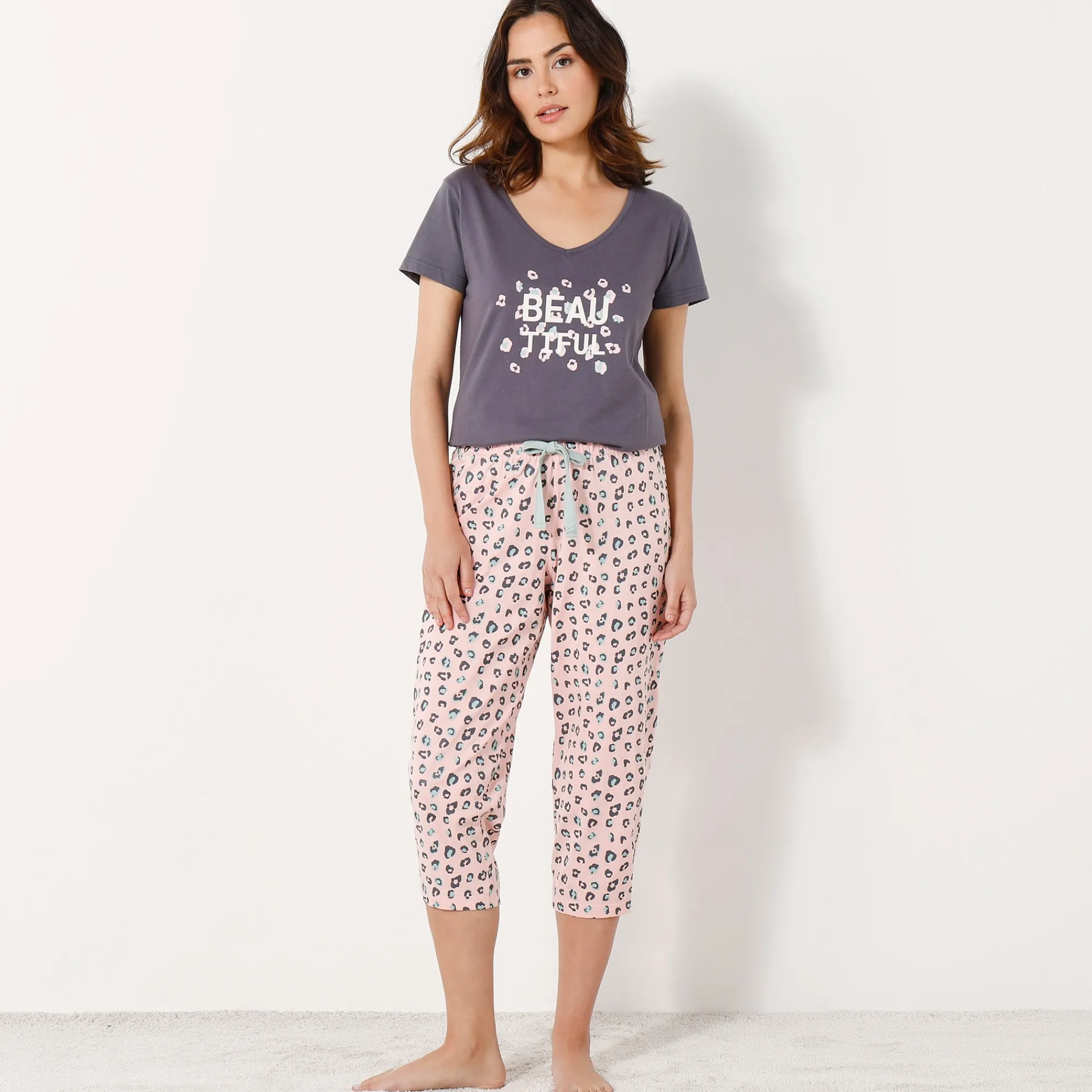 Pyjama<Blancheporte T-shirt met korte mouwen in effen katoen geplaatste "Beautiful" print antracietgrijs