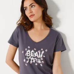 Pyjama<Blancheporte T-shirt met korte mouwen in effen katoen geplaatste "Beautiful" print antracietgrijs