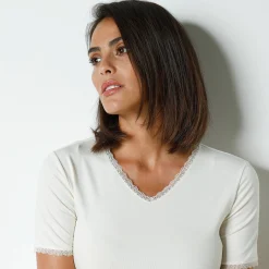 Thermisch Ondergoed<Blancheporte T-shirt met korte mouwen, 'tweede huid'-warmte en kanten details ivoorkleur