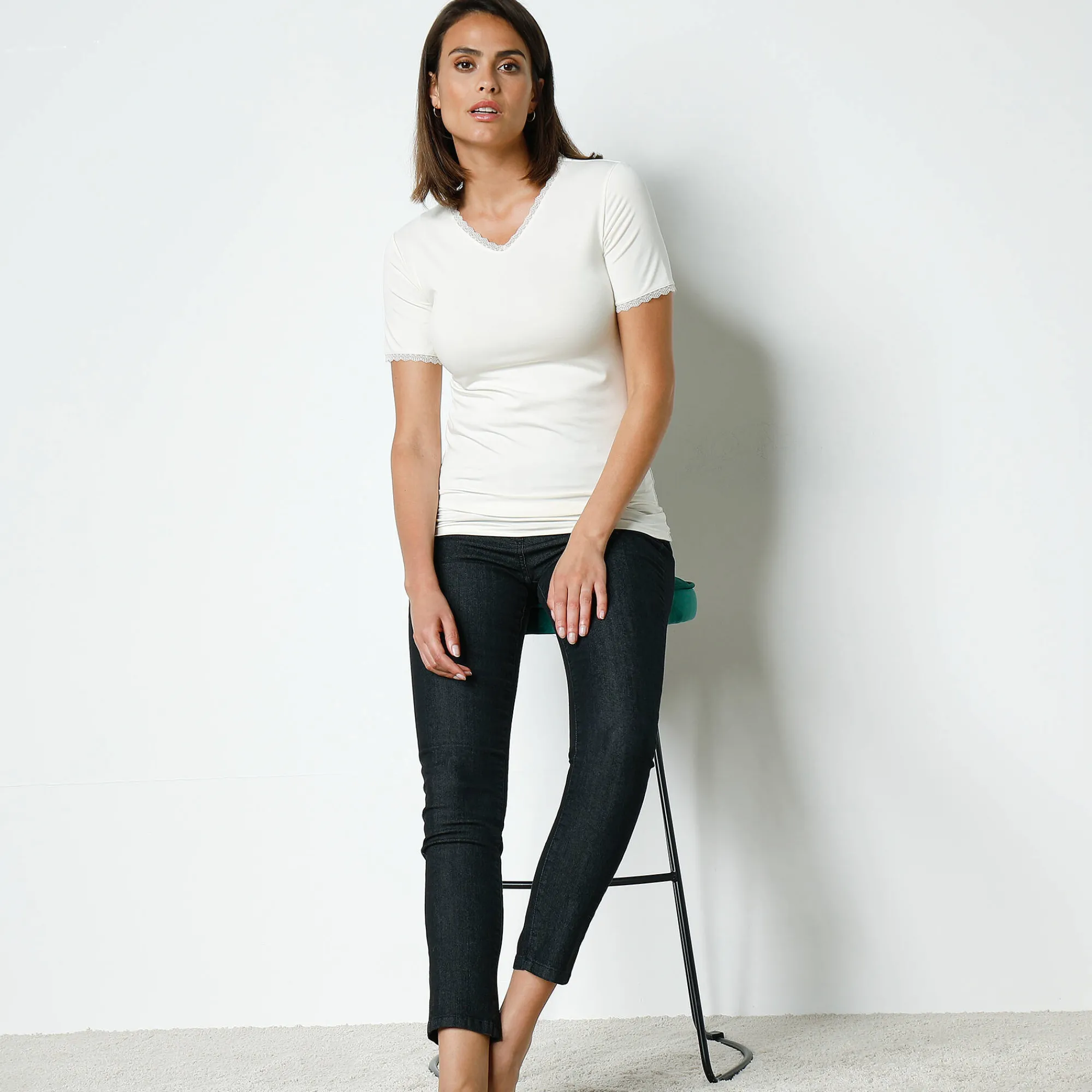 Thermisch Ondergoed<Blancheporte T-shirt met korte mouwen, 'tweede huid'-warmte en kanten details ivoorkleur