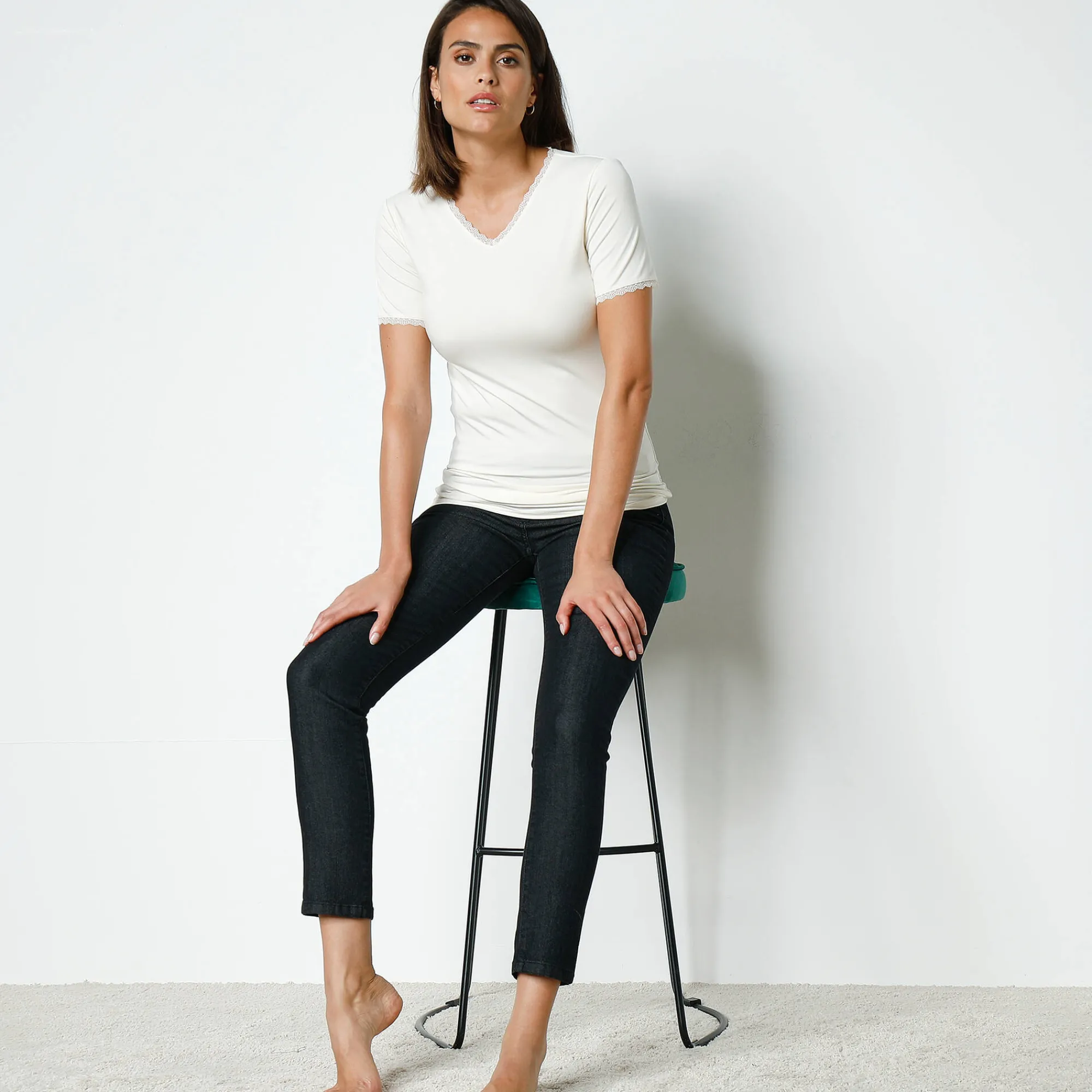 Thermisch Ondergoed<Blancheporte T-shirt met korte mouwen, 'tweede huid'-warmte en kanten details ivoorkleur