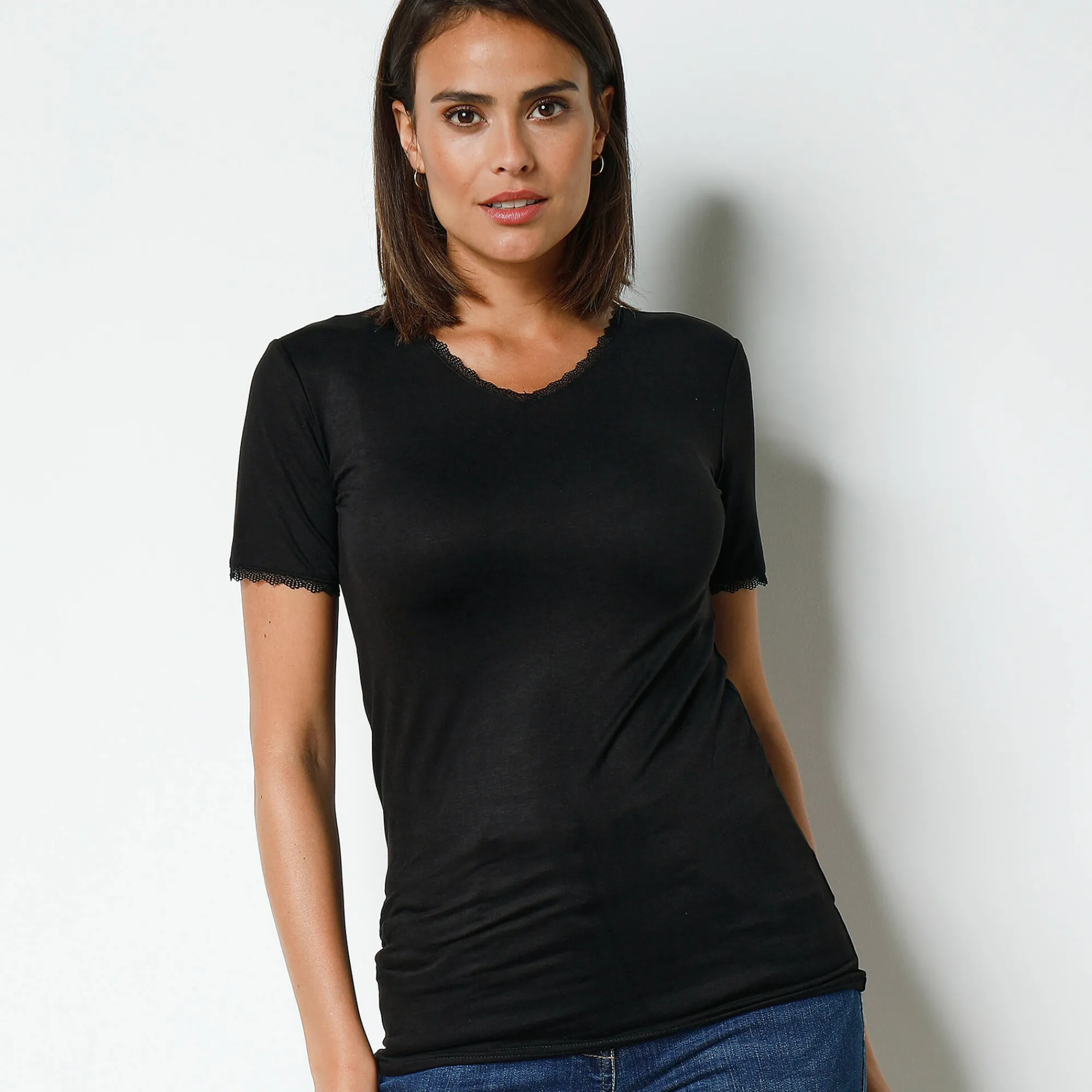 Thermisch Ondergoed<Blancheporte T-shirt met korte mouwen, 'tweede huid'-warmte en kanten details zwart