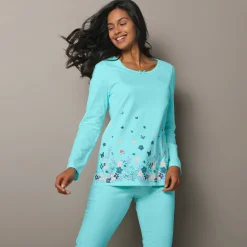 Pyjama<Blancheporte T-shirt met landelijke print onderaan - lange mouwen aqua