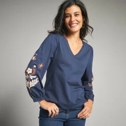 T-Shirt En Topje<Lora Zellini T-shirt met lange, geborduurde mouwen, katoen marine