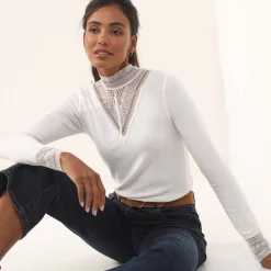 Feestoutfits Dames|T-Shirt En Topje<Blancheporte T-shirt met lange mouwen en kant ecru