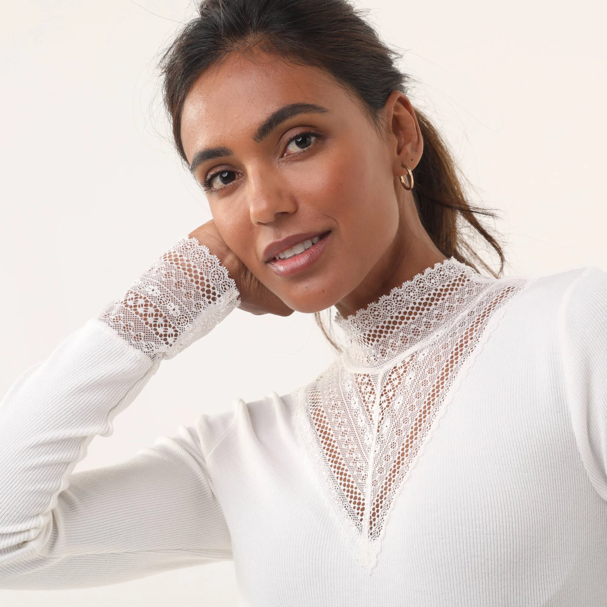 Feestoutfits Dames|T-Shirt En Topje<Blancheporte T-shirt met lange mouwen en kant ecru