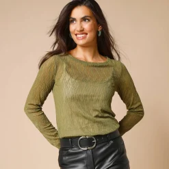T-Shirt En Topje<Blancheporte T-shirt met lange mouwen, fantasie nettricot mosgroen