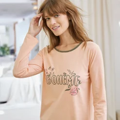 Pyjama<Blancheporte T-shirt met lange mouwen in effen katoen met geplaatste "Bohème" print perzik