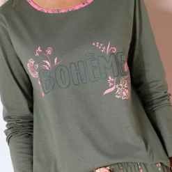 Pyjama<Blancheporte T-shirt met lange mouwen in effen katoen met geplaatste "Bohème" print kaki