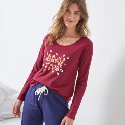 Pyjama<Blancheporte T-shirt met lange mouwen in effen katoen geplaatste "Beautiful" print bordeaux
