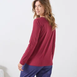 Pyjama<Blancheporte T-shirt met lange mouwen in effen katoen geplaatste "Beautiful" print bordeaux