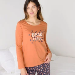 Pyjama<Blancheporte T-shirt met lange mouwen in effen katoen geplaatste "Beautiful" print koper