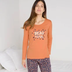 Pyjama<Blancheporte T-shirt met lange mouwen in effen katoen geplaatste "Beautiful" print koper