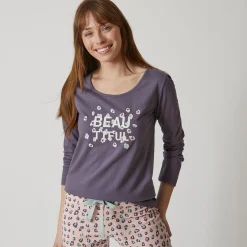 Pyjama<Blancheporte T-shirt met lange mouwen in effen katoen geplaatste "Beautiful" print antracietgrijs