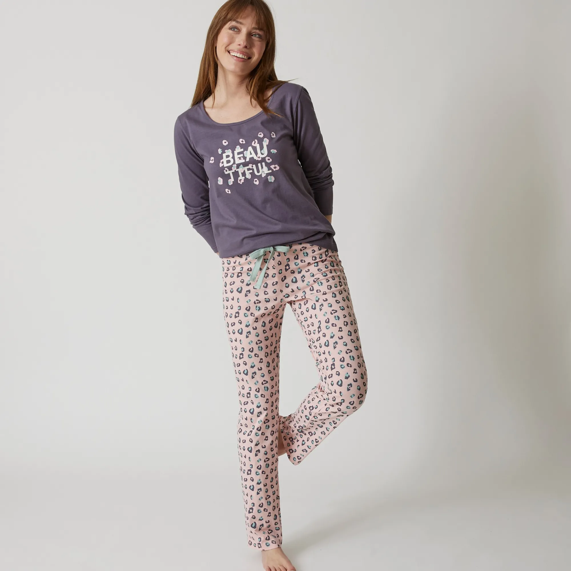 Pyjama<Blancheporte T-shirt met lange mouwen in effen katoen geplaatste "Beautiful" print antracietgrijs