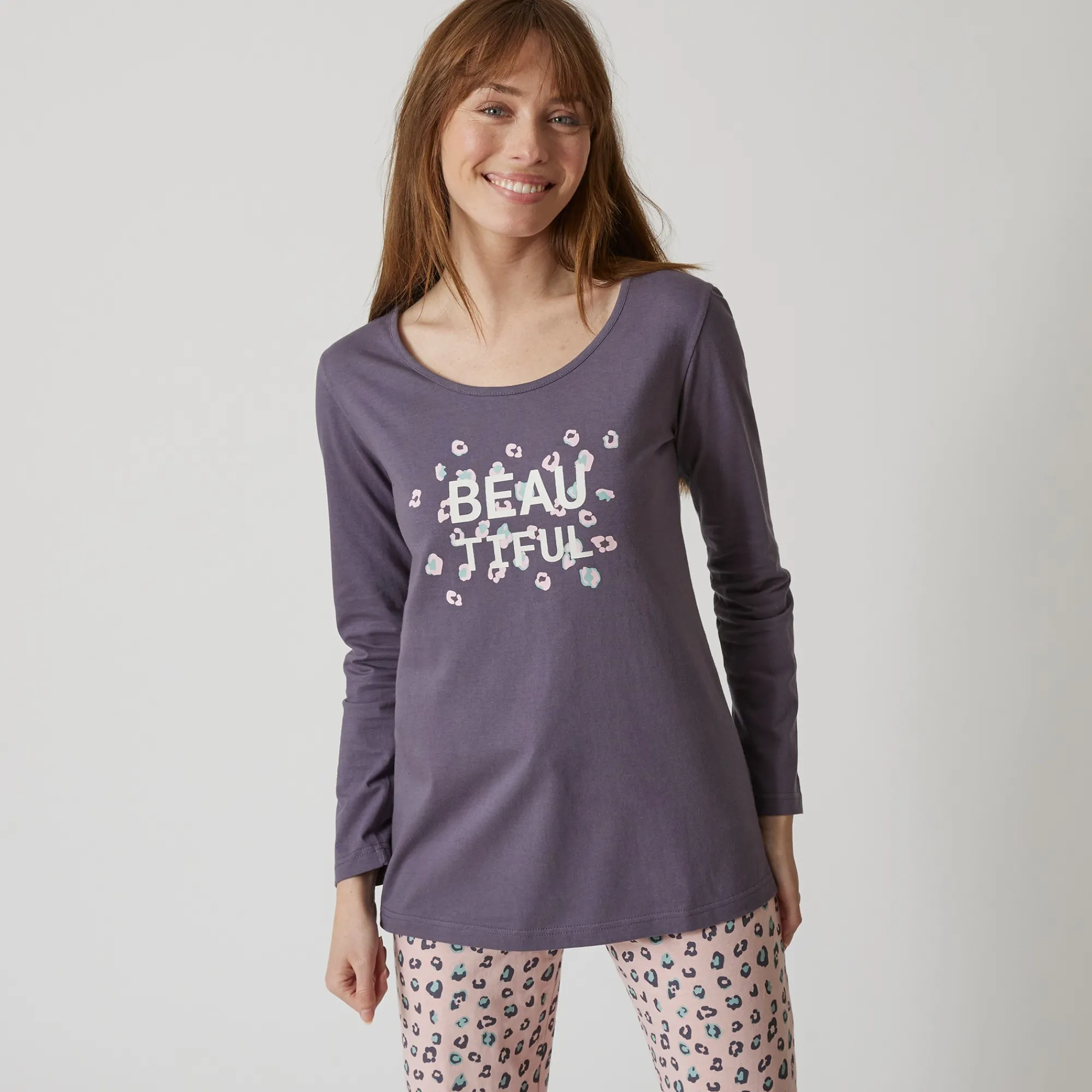 Pyjama<Blancheporte T-shirt met lange mouwen in effen katoen geplaatste "Beautiful" print antracietgrijs