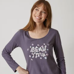 Pyjama<Blancheporte T-shirt met lange mouwen in effen katoen geplaatste "Beautiful" print antracietgrijs