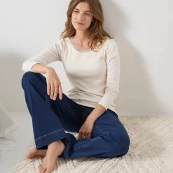 Thermisch Ondergoed<Blancheporte T-shirt met lange mouwen, kanten biesje en brassière - zachte warmte ecru
