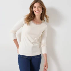 Thermisch Ondergoed<Blancheporte T-shirt met lange mouwen, kanten biesje en brassière - zachte warmte ecru