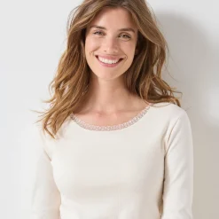 Thermisch Ondergoed<Blancheporte T-shirt met lange mouwen, kanten biesje en brassière - zachte warmte ecru