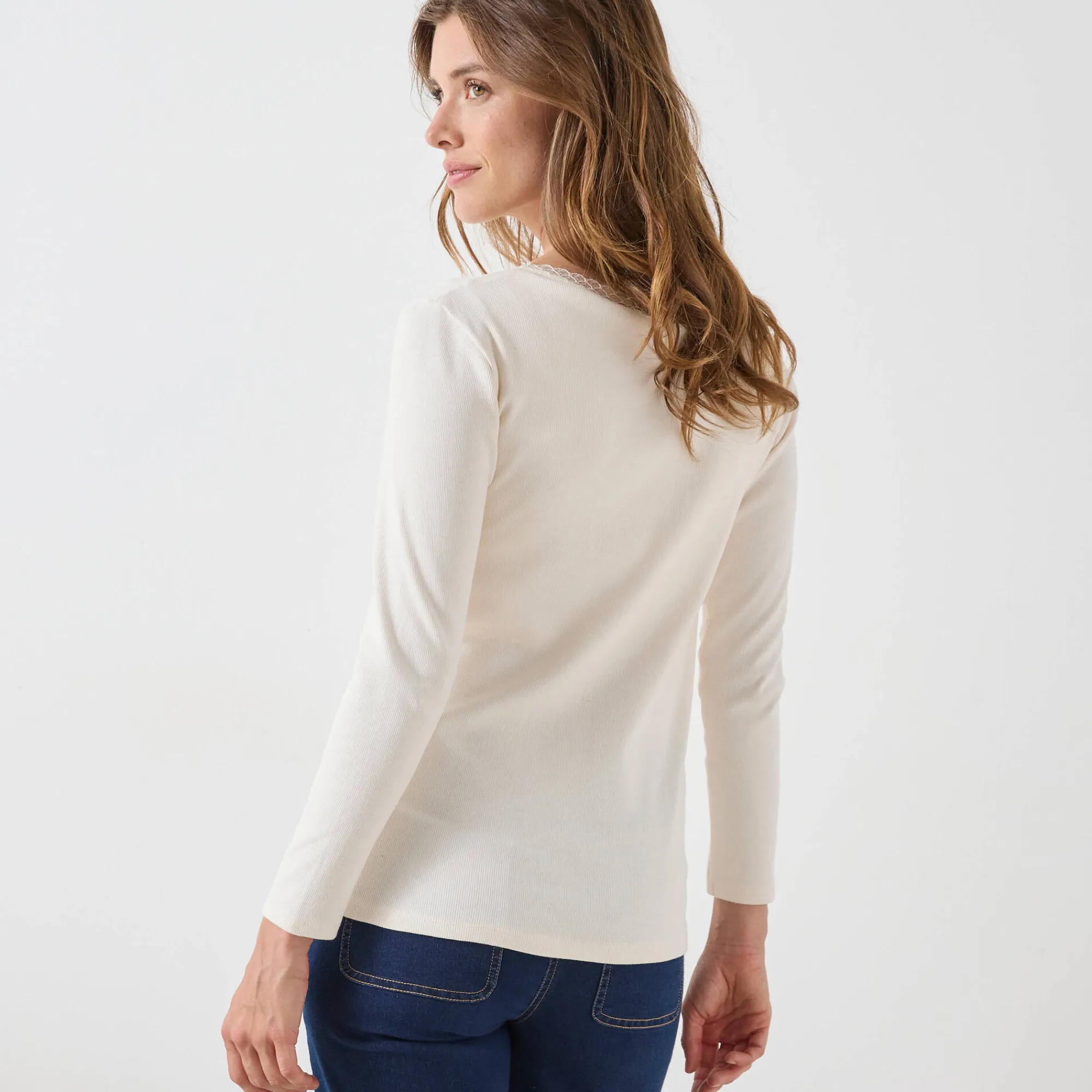 Thermisch Ondergoed<Blancheporte T-shirt met lange mouwen, kanten biesje en brassière - zachte warmte ecru