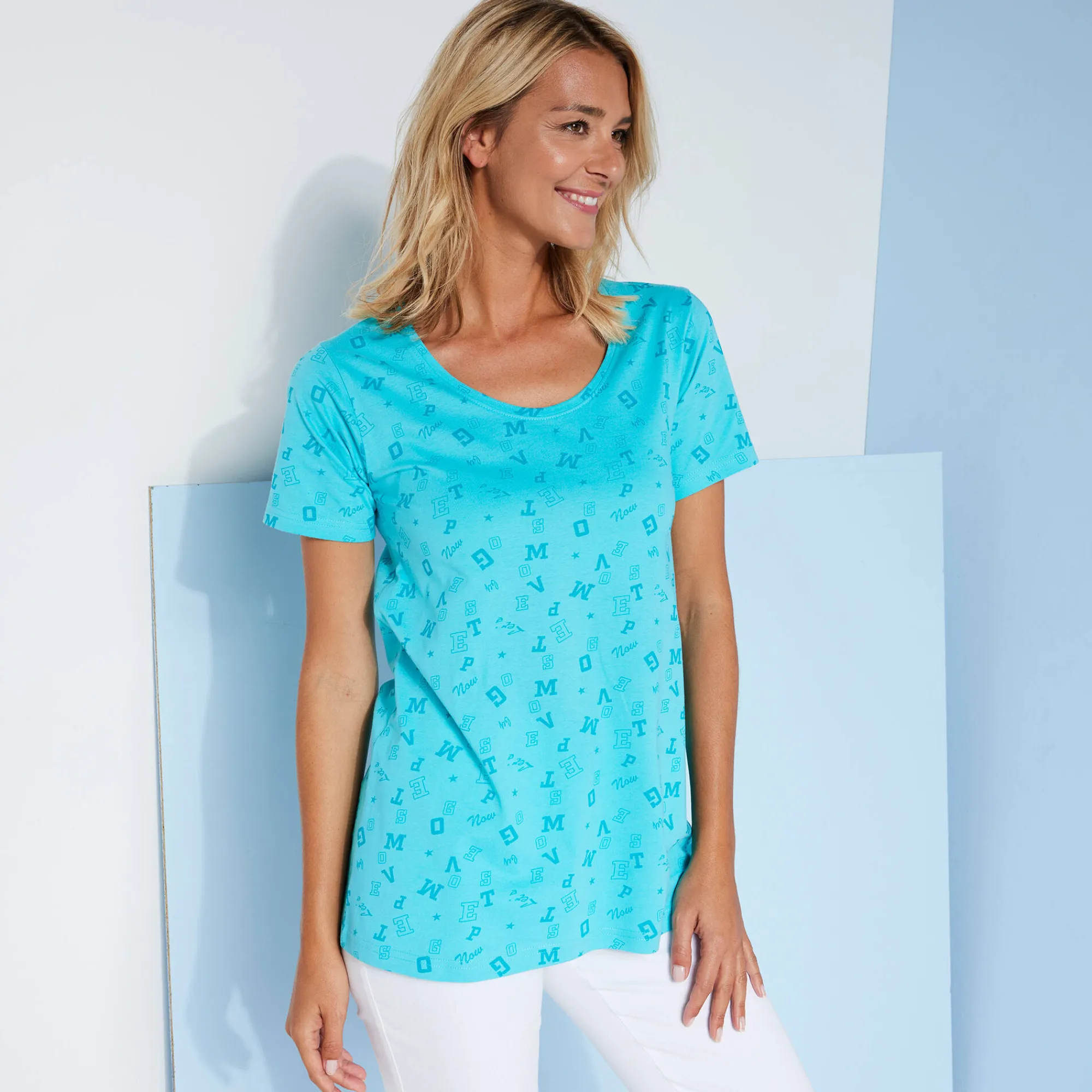 T-Shirt En Topje<Blancheporte T-shirt met letterprint turkoois / laguneblauw