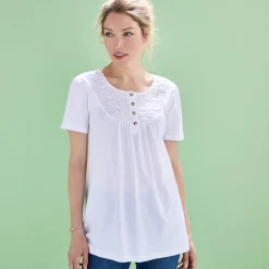 T-Shirt En Topje<Blancheporte T-shirt met macramé en korte mouwen wit