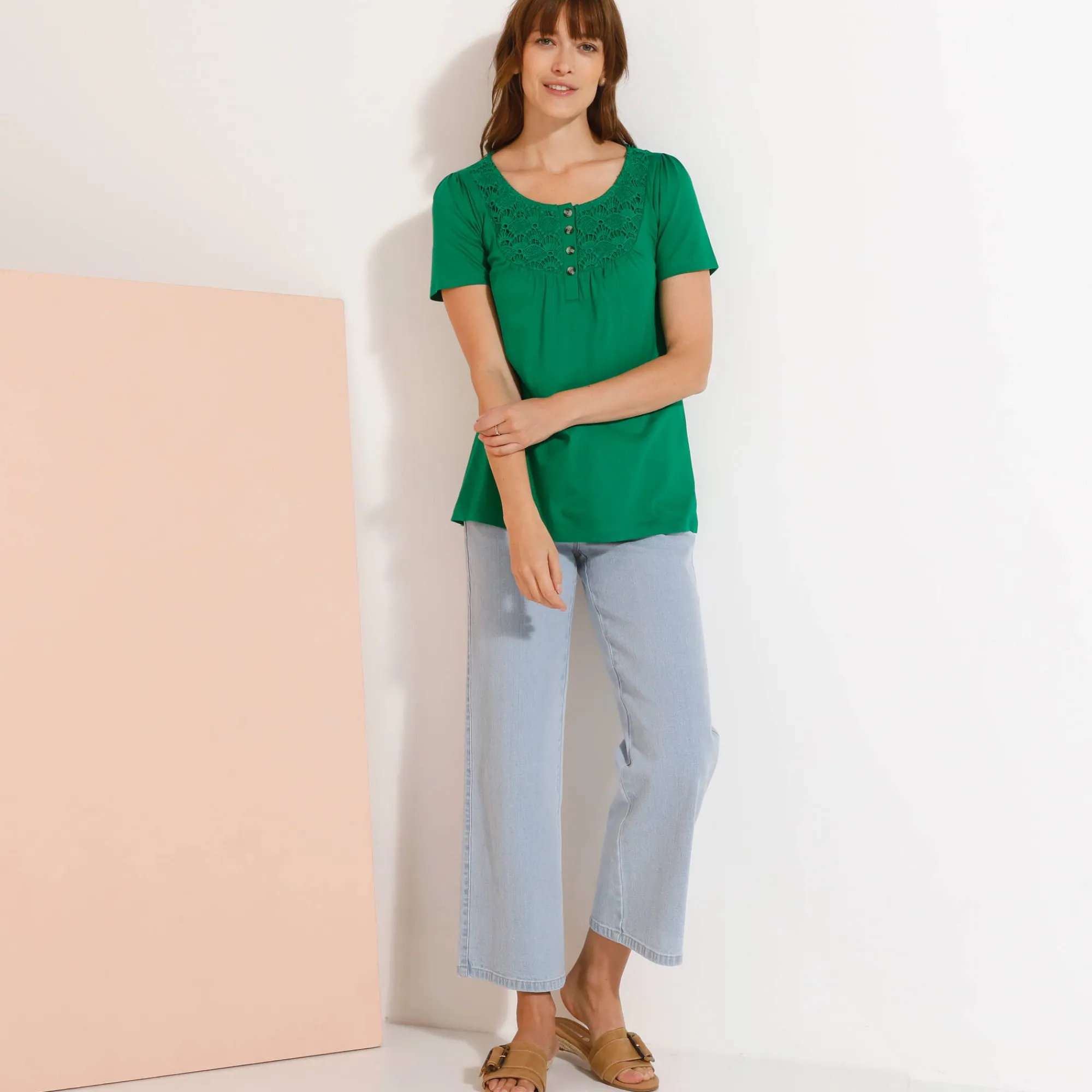 T-Shirt En Topje<Blancheporte T-shirt met macramé en korte mouwen muntgroen