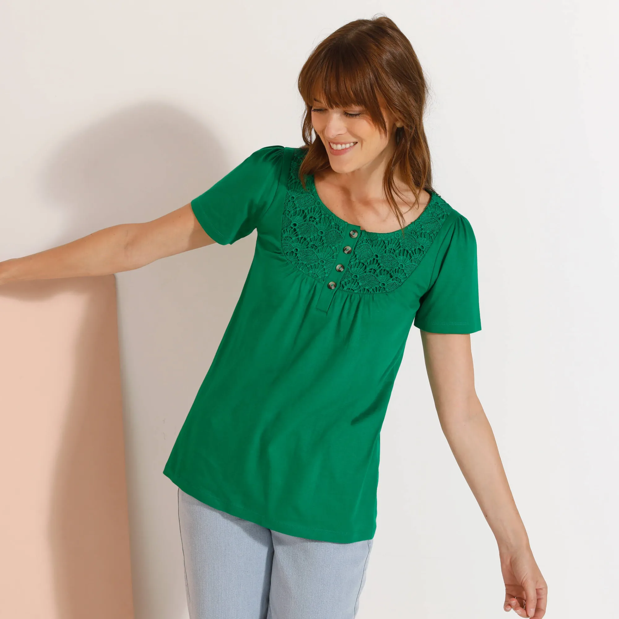 T-Shirt En Topje<Blancheporte T-shirt met macramé en korte mouwen muntgroen