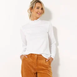T-Shirt En Topje<Blancheporte T-shirt met opstaande hals, smokwerk aan de mouwen wit