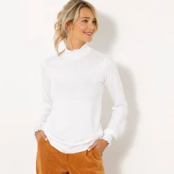 T-Shirt En Topje<Blancheporte T-shirt met opstaande hals, smokwerk aan de mouwen wit