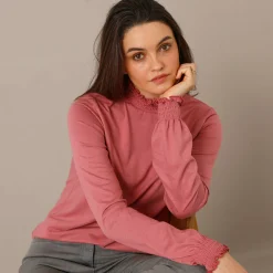 T-Shirt En Topje<Blancheporte T-shirt met opstaande hals, smokwerk aan de mouwen grijsroze