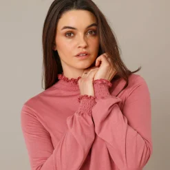 T-Shirt En Topje<Blancheporte T-shirt met opstaande hals, smokwerk aan de mouwen grijsroze
