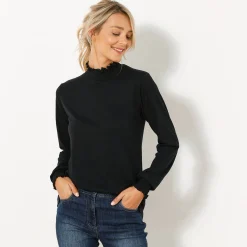 T-Shirt En Topje<Blancheporte T-shirt met opstaande hals, smokwerk aan de mouwen zwart