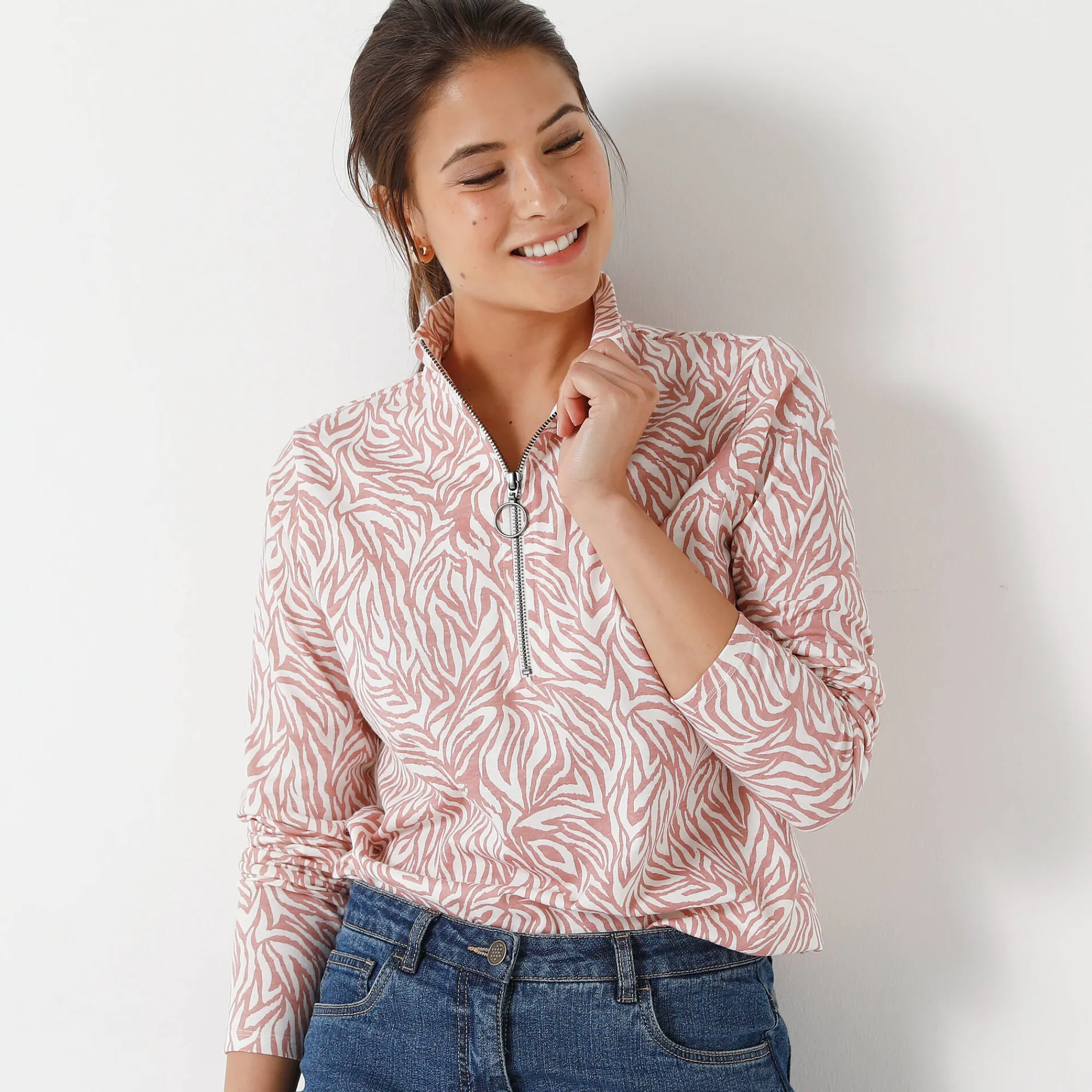 T-Shirt En Topje<Blancheporte T-shirt met opstaande ritskraag en zebraprint grijsroze