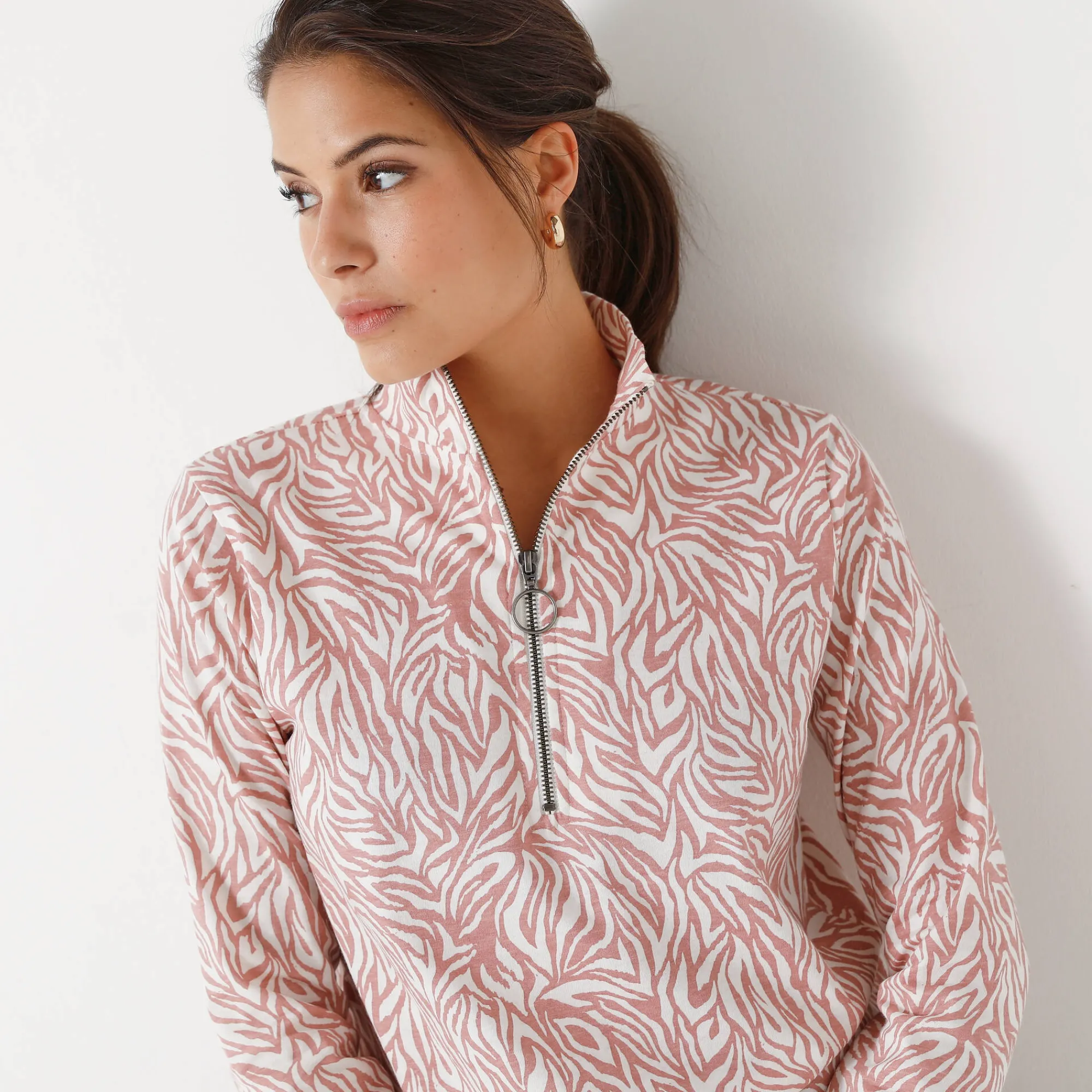 T-Shirt En Topje<Blancheporte T-shirt met opstaande ritskraag en zebraprint grijsroze